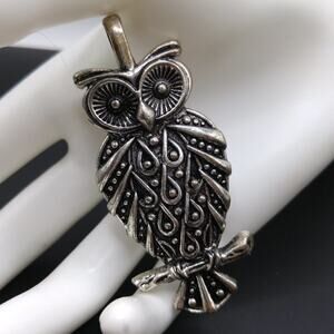 Vintage Owl Pendant, Large Bail, No Chain, Silver Tone, 2 3/4 Inches